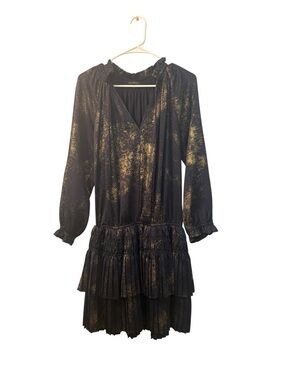Current Air Dress Tiered Skirt Long Sleeves Blue and Gold splatter size Small